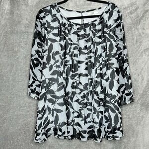 O&A 1X Shirt Top Black Blue Floral 3/4 Sleeve Scoop Neck Button Back Sheer